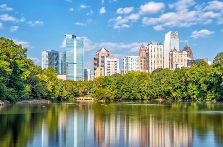 Atlanta Georgia skyline with lake reflection